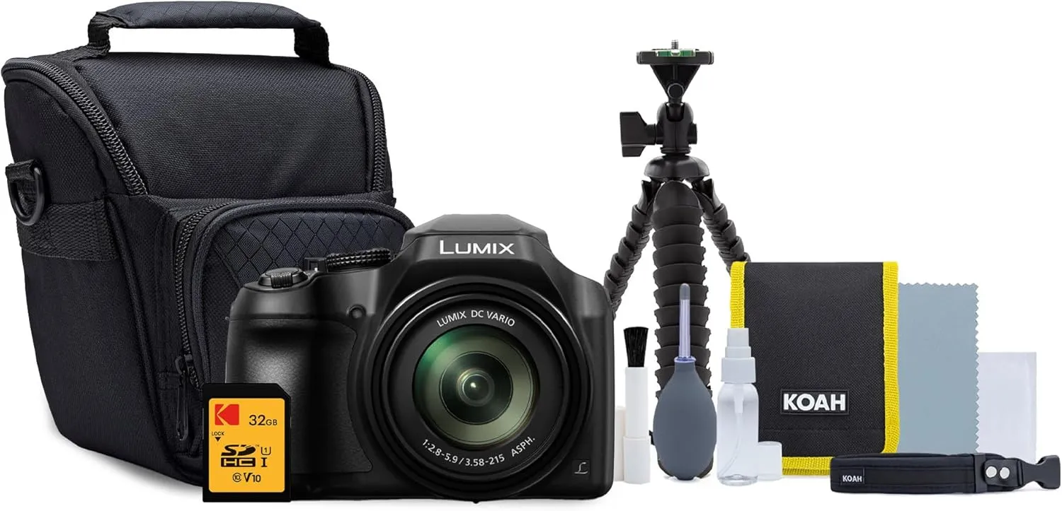 Panasonic DC-FZ80K LUMIX FZ80 18.1MP 4K 60x Long Zoom Digital Camera with Kodak 32GB Card, Holster Bag, and Flexible 12-inch Spider Tripod Bundle (4 Items)