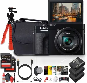 Panasonic ZS99 Point and Shoot Compact Travel Digital Camera (Black) (DC-ZS99K)   Photography Software   2 x 64GB Memory Card   2 x DMW-BLG10 Battery   Camera Bag   Flexible Tripod   More