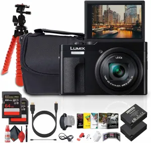 Panasonic ZS99 Point and Shoot Compact Travel Digital Camera (Black) (DC-ZS99K)   Photography Software   2 x 64GB Memory Card   DMW-BLG10 Battery   Camera Bag   Flexible Tripod   USB-C Cable   More