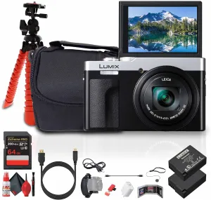 Panasonic ZS99 Point and Shoot Compact Travel Digital Camera (Silver) (DC-ZS99S)   64GB Memory Card   DMW-BLG10 Battery   Camera Bag   Flexible Tripod   USB-C Cable   Cleaning Kit   More