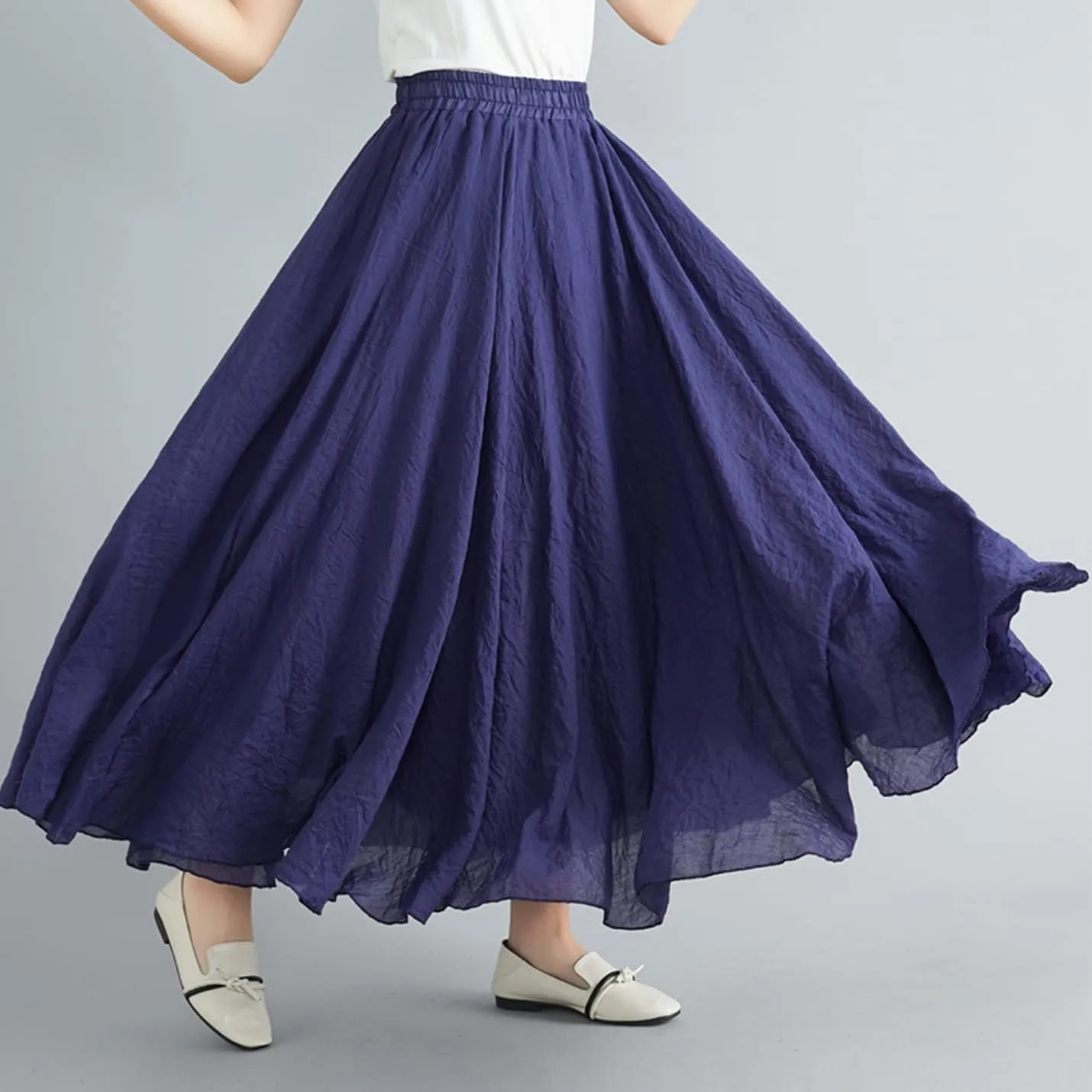 PEHMEA Women's Bohemian Cotton Linen Elastic Waist Full Circle Flowy Long Maxi Skirt