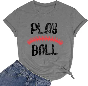 Play Ball Shirt for Womens Baseball Tshirts Graphic Tees Casual Letter Printed Softball Tee Shirts Top