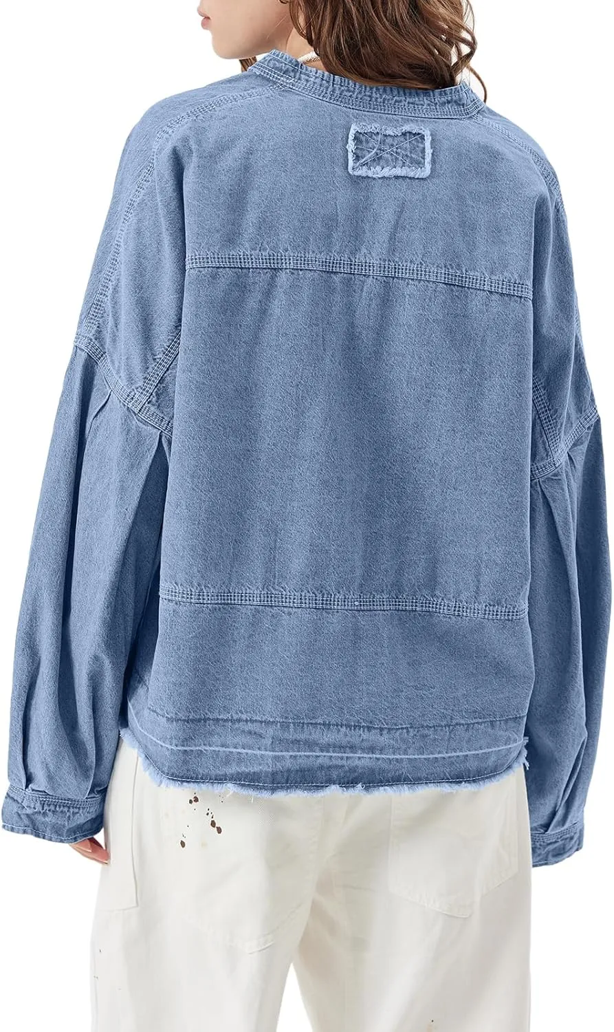 PLNOTME Womens Denim Tops Pullover Trendy Casual V Neck Loose Fit Puff Sleeve Jean Cotton Shirts