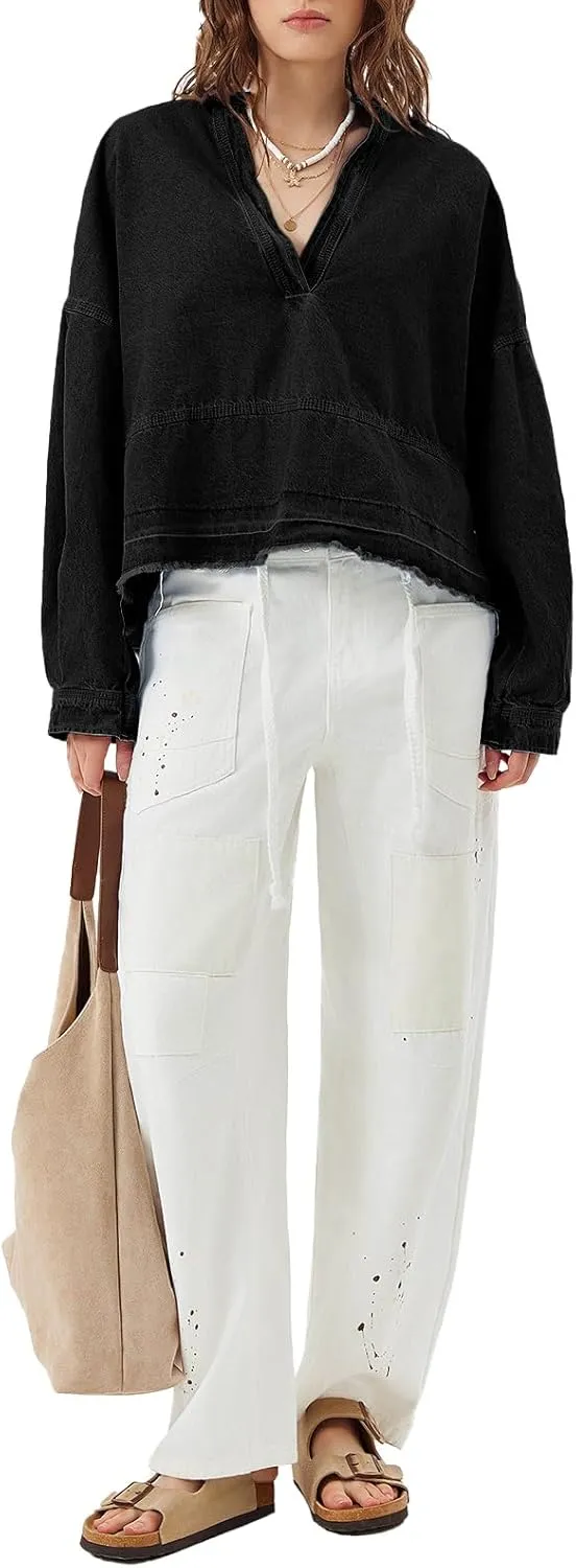 PLNOTME Womens Denim Tops Pullover Trendy Casual V Neck Loose Fit Puff Sleeve Jean Cotton Shirts