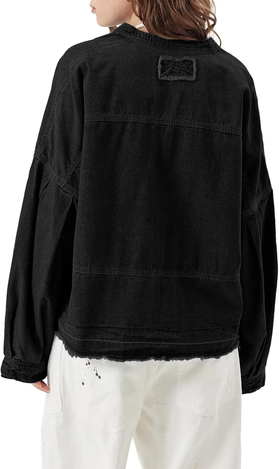PLNOTME Womens Denim Tops Pullover Trendy Casual V Neck Loose Fit Puff Sleeve Jean Cotton Shirts