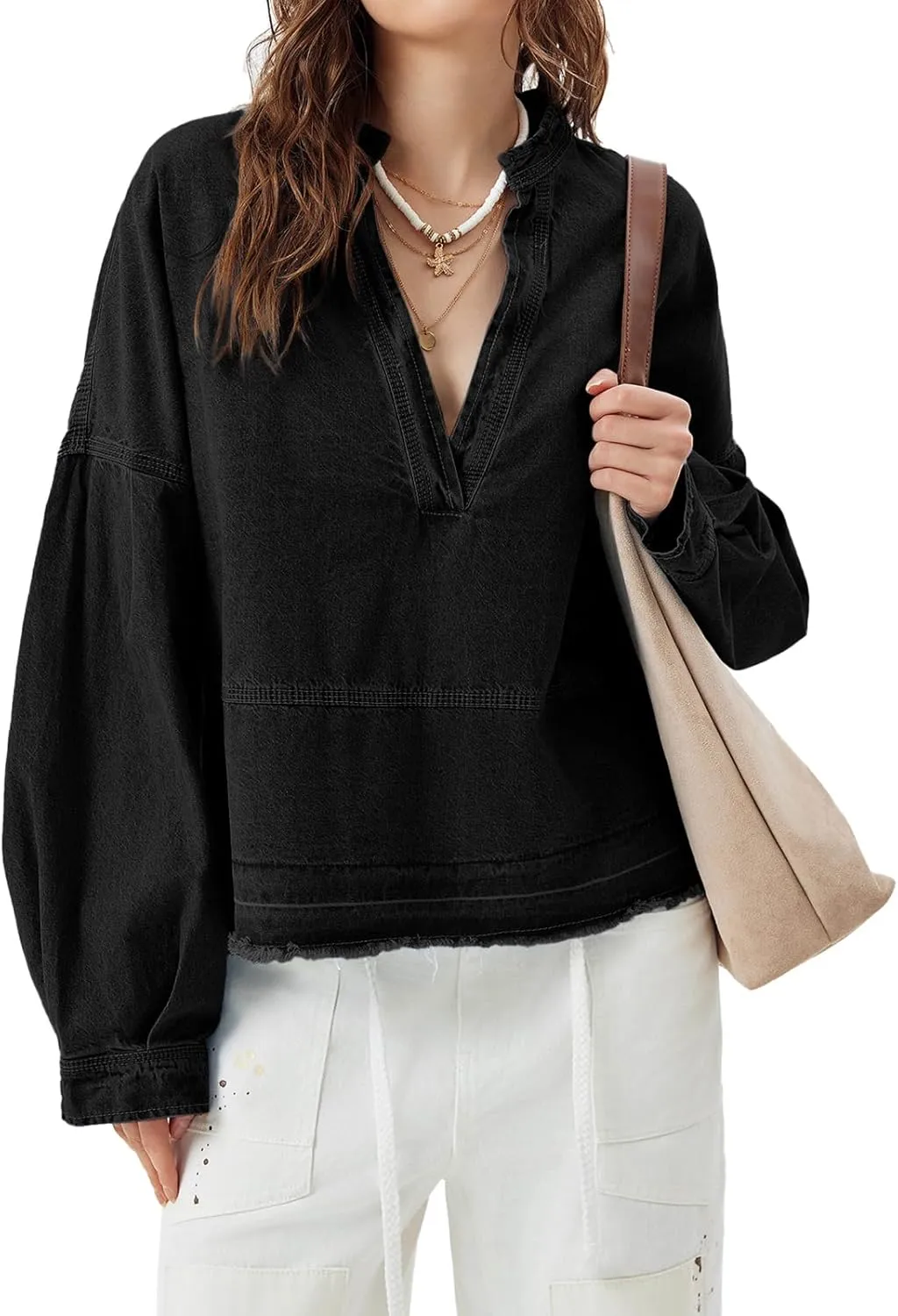 PLNOTME Womens Denim Tops Pullover Trendy Casual V Neck Loose Fit Puff Sleeve Jean Cotton Shirts