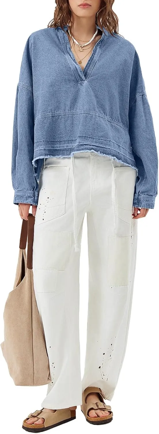 PLNOTME Womens Denim Tops Pullover Trendy Casual V Neck Loose Fit Puff Sleeve Jean Cotton Shirts