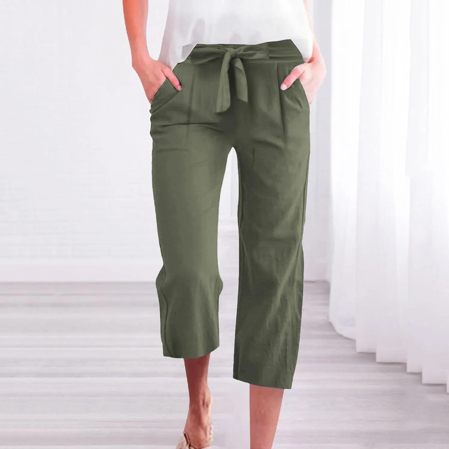 Plus Size Capris for Women Solid Color Elastic High Waist Lounge Pants Drawstring Pocket Wide Leg Cropped Trousers