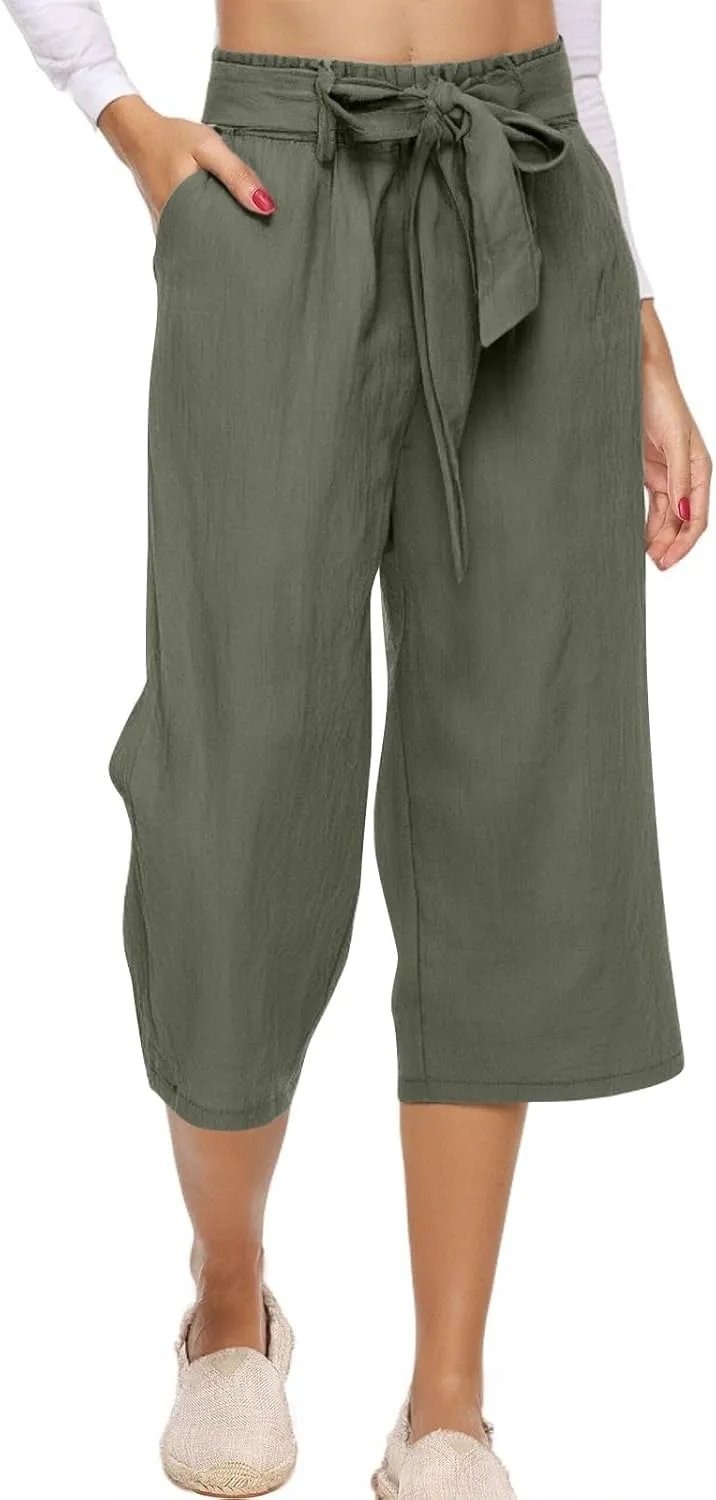 Plus Size Capris for Women Solid Color Elastic High Waist Lounge Pants Drawstring Pocket Wide Leg Cropped Trousers