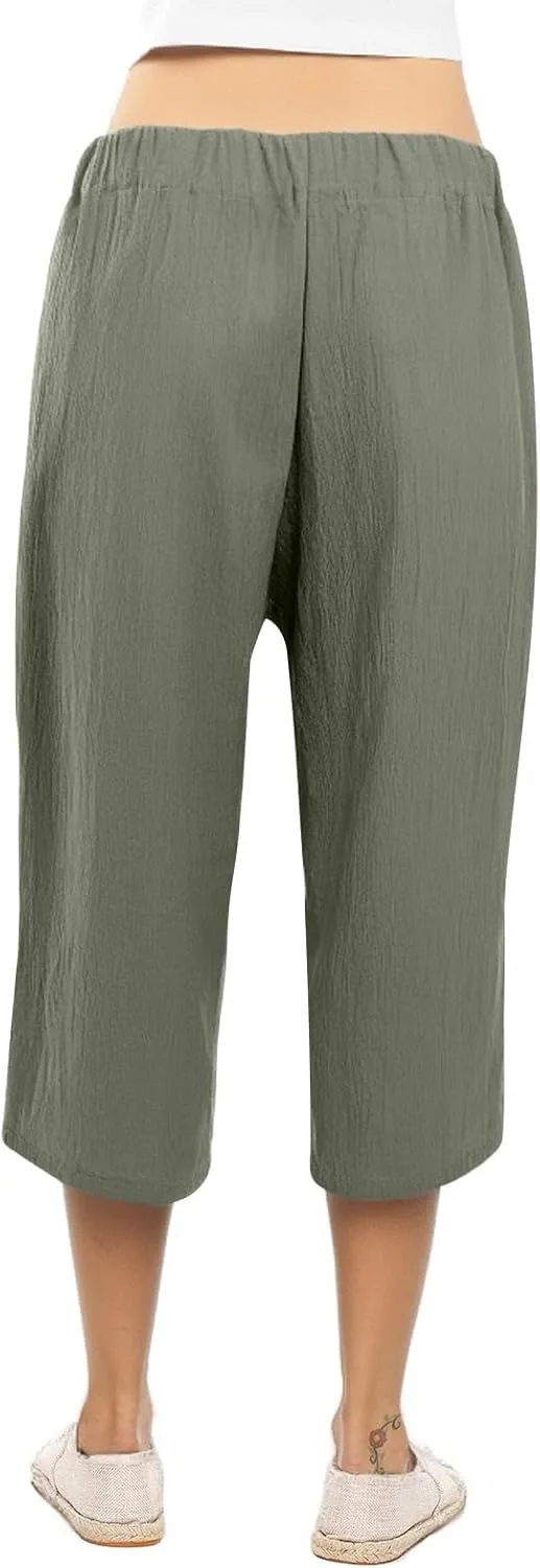 Plus Size Capris for Women Solid Color Elastic High Waist Lounge Pants Drawstring Pocket Wide Leg Cropped Trousers