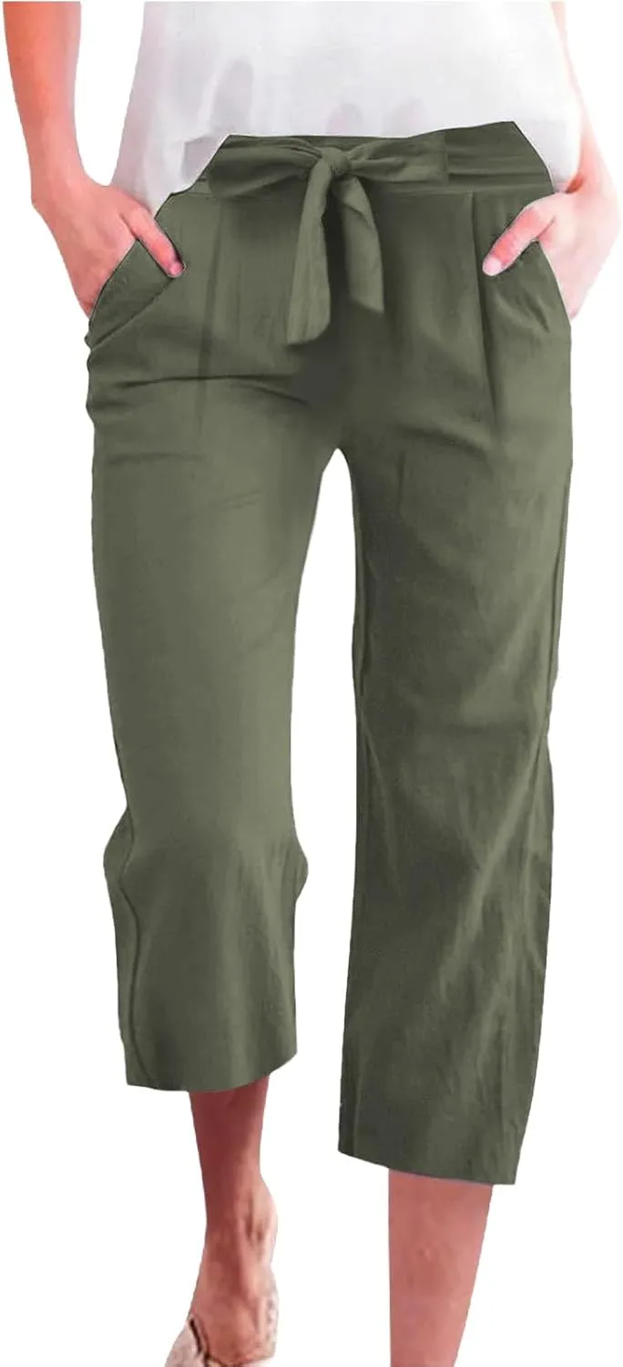 Plus Size Capris for Women Solid Color Elastic High Waist Lounge Pants Drawstring Pocket Wide Leg Cropped Trousers