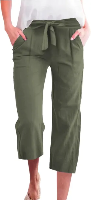 Plus Size Capris for Women Solid Color Elastic High Waist Lounge Pants Drawstring Pocket Wide Leg Cropped Trousers