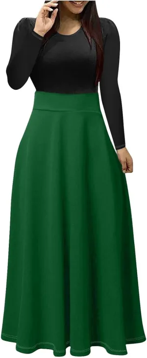 Plus Size Formal Dresses for Women Elegant Long Sleeve Color Block Elastic Waist Maxi Dress Causal Slim Ruffle Dress