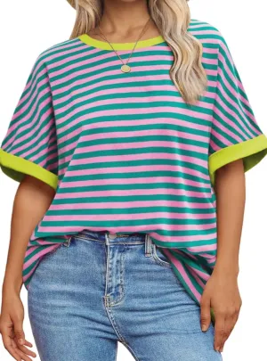 Plus Size Oversized T-Shirts Striped Short Sleeve Tops for Women Cotton Color Block Summer Casual Tees XL-5XL