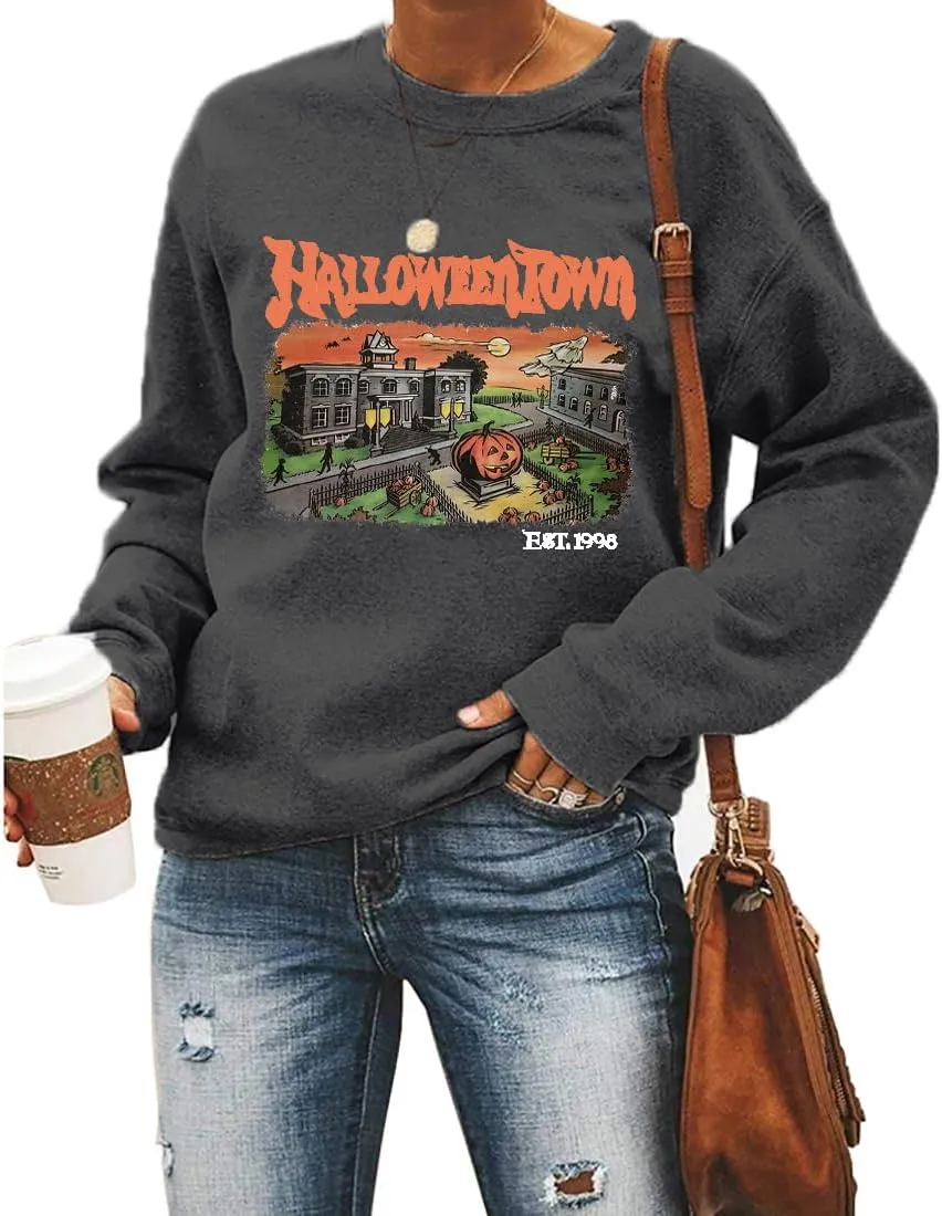 QIANRUO Halloween Town Est 1998 Sweatshirt Women Halloween Horror Spooky Graphic Tees Casual Fall Long Sleeve Pullover Tops