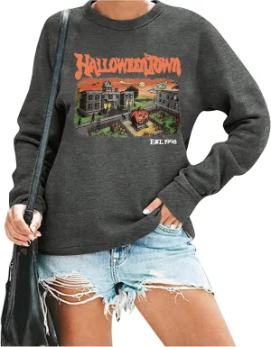 QIANRUO Halloween Town Est 1998 Sweatshirt Women Halloween Horror Spooky Graphic Tees Casual Fall Long Sleeve Pullover Tops