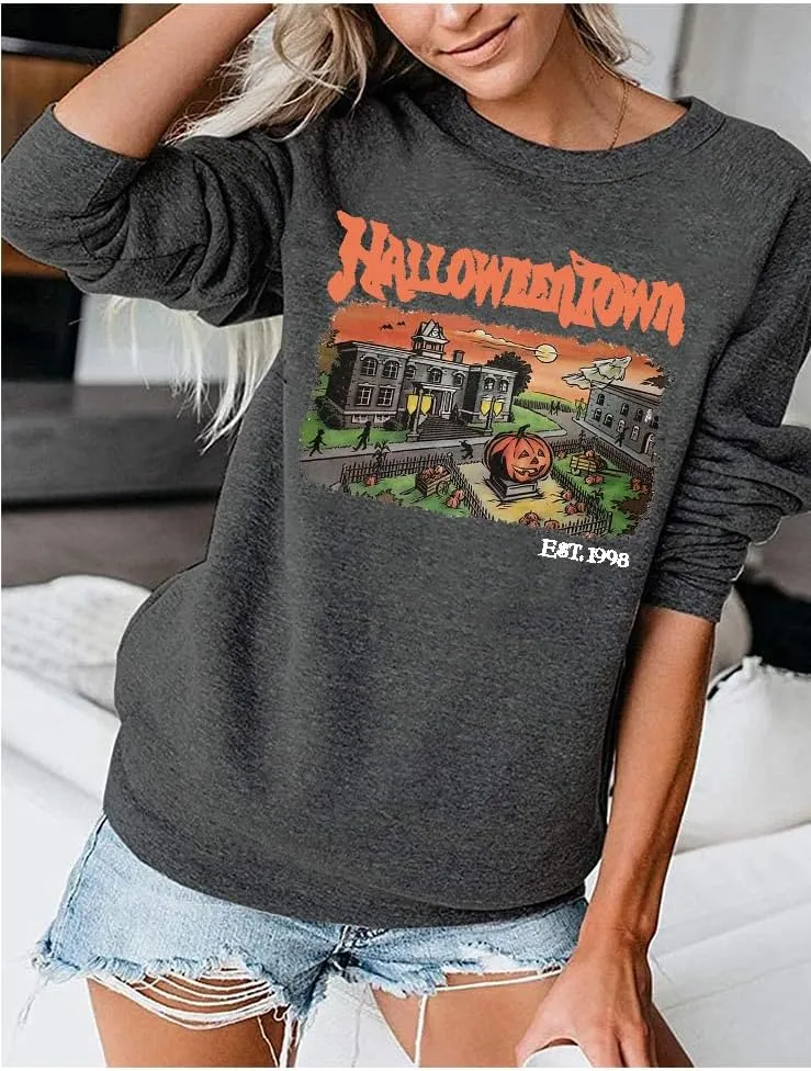 QIANRUO Halloween Town Est 1998 Sweatshirt Women Halloween Horror Spooky Graphic Tees Casual Fall Long Sleeve Pullover Tops