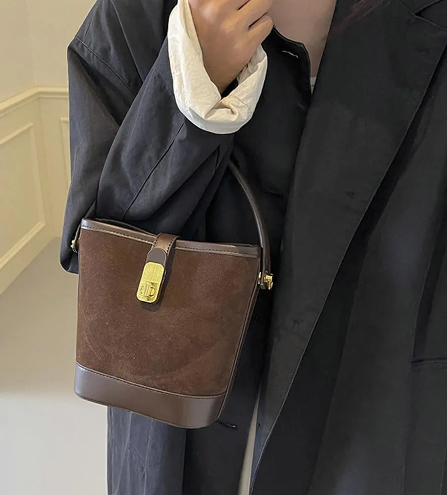Retro Bucket Bags Casual Purses Crossbody Bag PU Shoulder Handbags Small Tote Vegan Leather with 2 Adjustable Straps