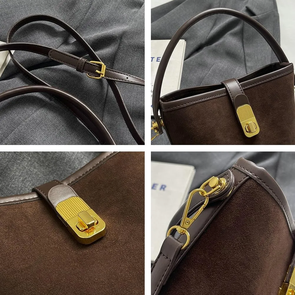 Retro Bucket Bags Casual Purses Crossbody Bag PU Shoulder Handbags Small Tote Vegan Leather with 2 Adjustable Straps