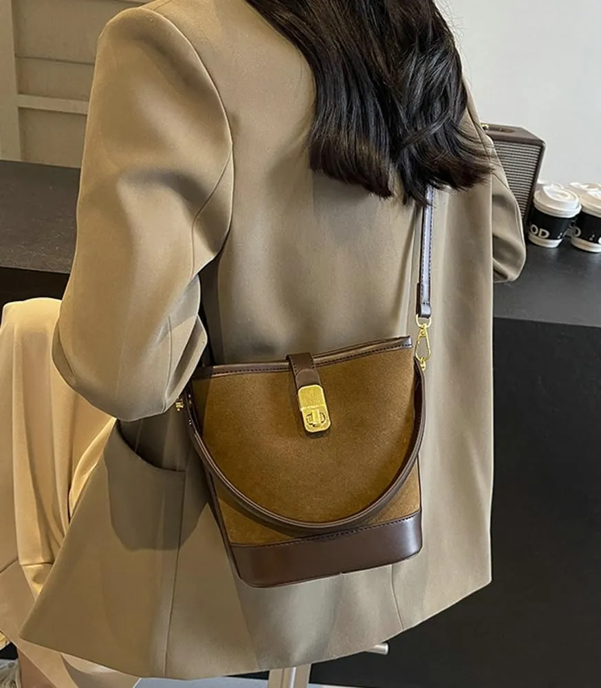 Retro Bucket Bags Casual Purses Crossbody Bag PU Shoulder Handbags Small Tote Vegan Leather with 2 Adjustable Straps