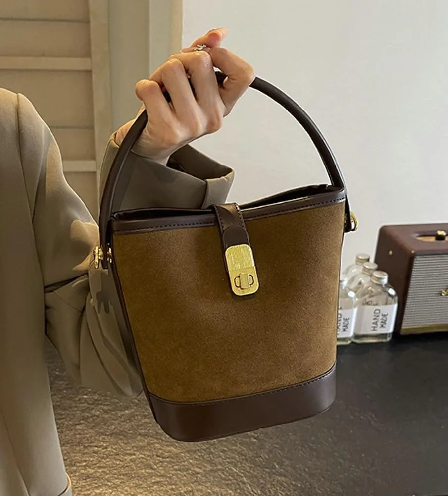 Retro Bucket Bags Casual Purses Crossbody Bag PU Shoulder Handbags Small Tote Vegan Leather with 2 Adjustable Straps