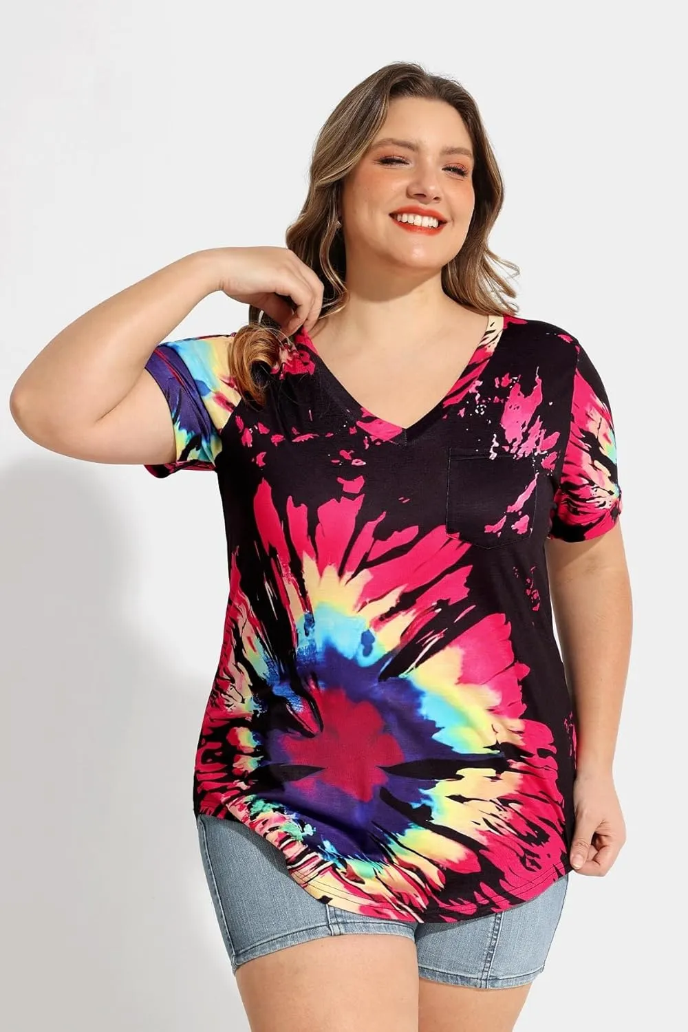 RITERA Plus Size Tops for Women Tie Dye Summer T Shirts V Neck Short Sleeve Casual Tee Tops with Front Pocket XL-5XL