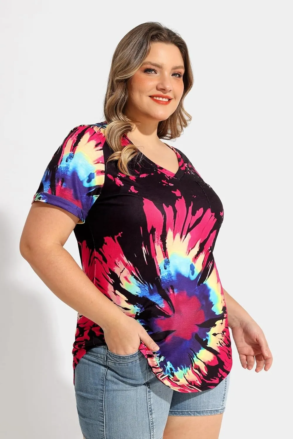 RITERA Plus Size Tops for Women Tie Dye Summer T Shirts V Neck Short Sleeve Casual Tee Tops with Front Pocket XL-5XL