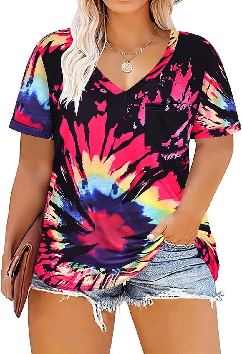 RITERA Plus Size Tops for Women Tie Dye Summer T Shirts V Neck Short Sleeve Casual Tee Tops with Front Pocket XL-5XL
