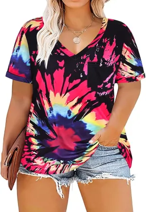 RITERA Plus Size Tops for Women Tie Dye Summer T Shirts V Neck Short Sleeve Casual Tee Tops with Front Pocket XL-5XL