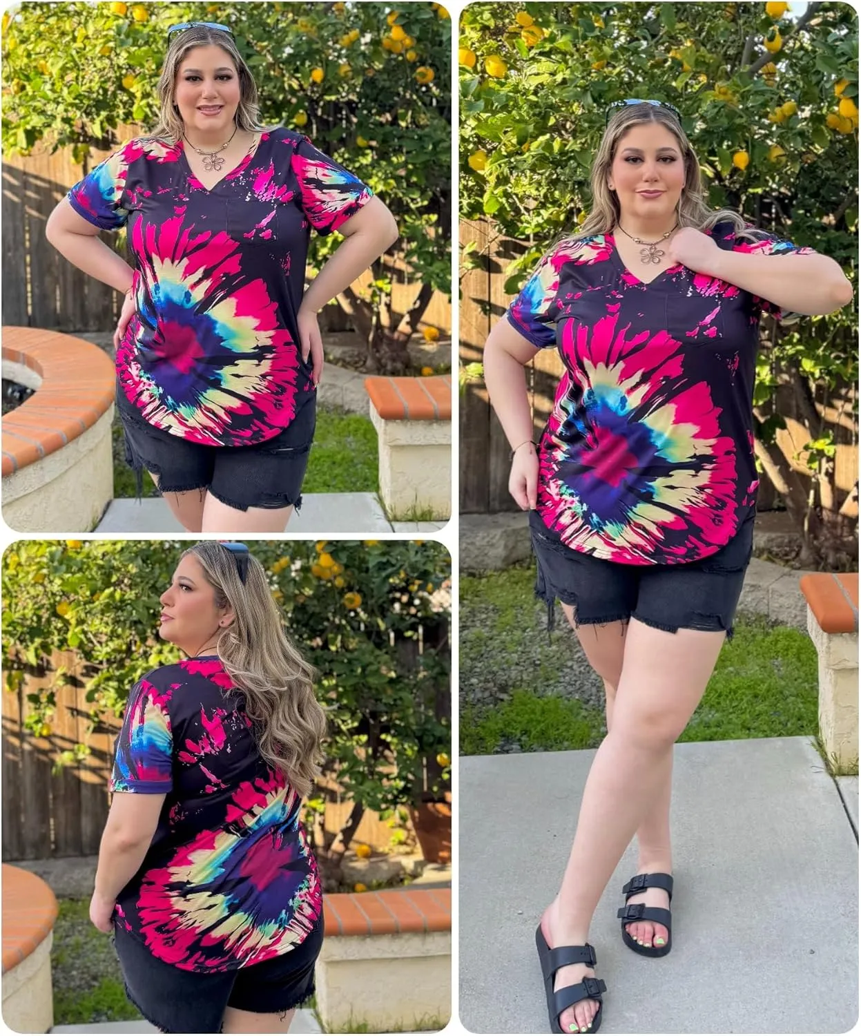 RITERA Plus Size Tops for Women Tie Dye Summer T Shirts V Neck Short Sleeve Casual Tee Tops with Front Pocket XL-5XL