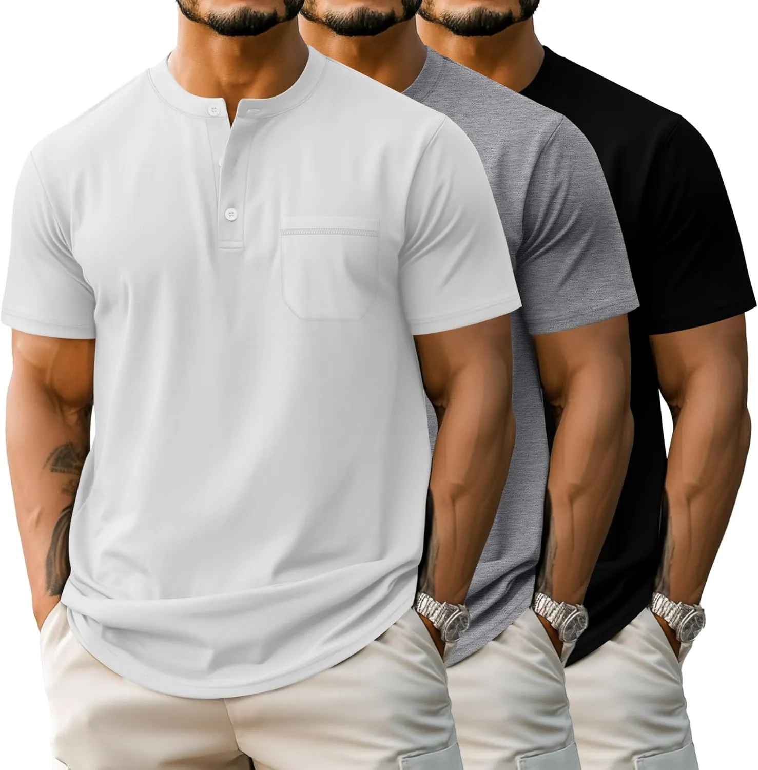 Riyiper 3 Pack Men's Big and Tall Henley T-Shirts, Short Sleeve Pocket Cotton Loose Fit Shirt Summer Oversized Button Tee