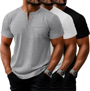 Riyiper 3 Pack Men's Big and Tall Henley T-Shirts, Short Sleeve Pocket Cotton Loose Fit Shirt Summer Oversized Button Tee