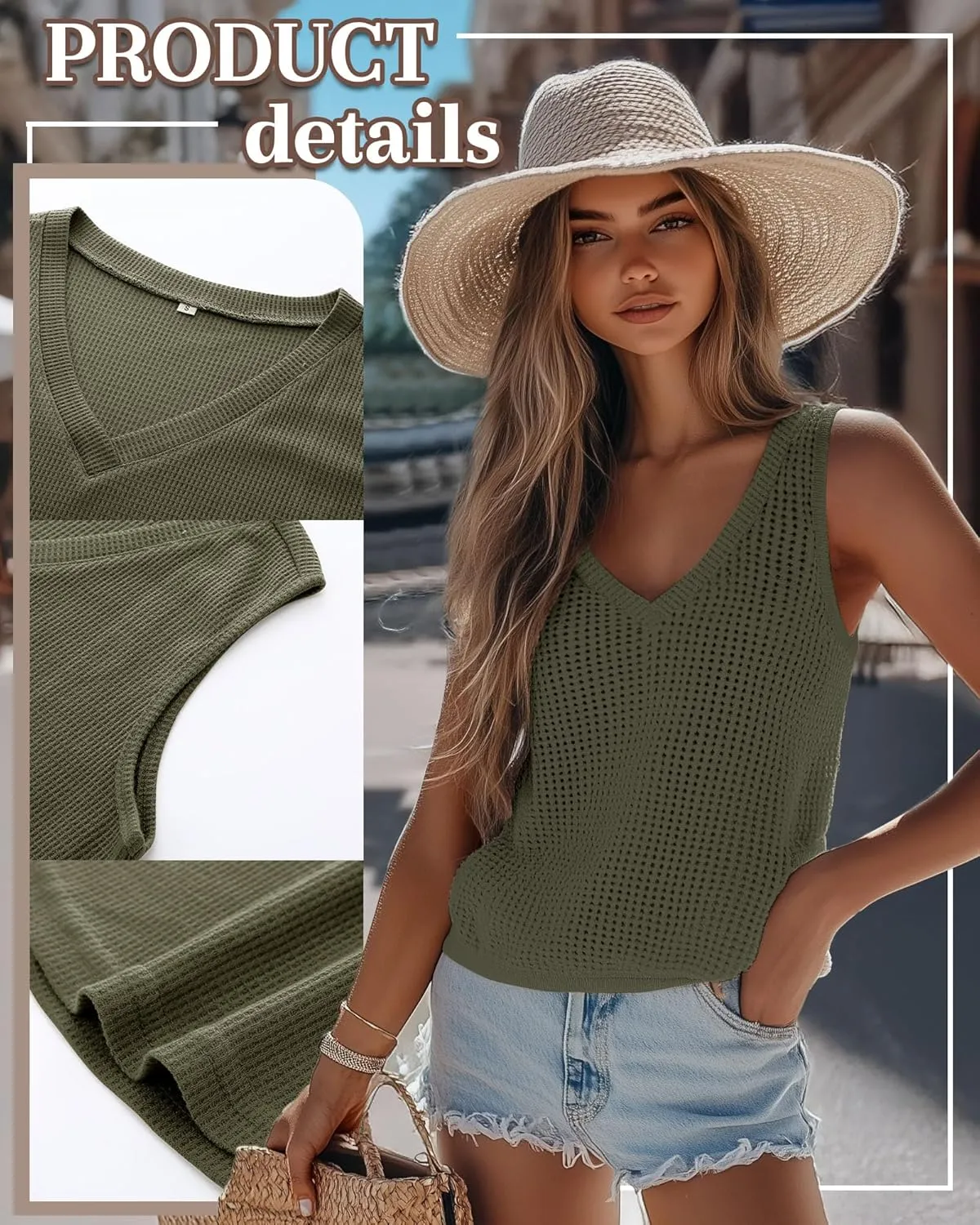 Riyiper 3 Pack Women's Waffle Knit Tank Tops, Loose Fit V Neck Sleeveless Casual Summer Curved Hem Basic Tees Flowy Shirts