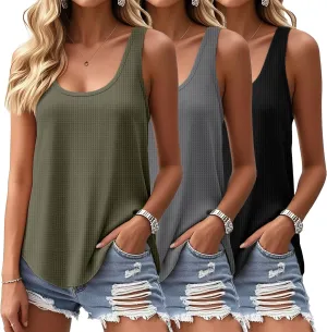 Riyiper 3 Pack Women's Waffle Knit Tank Tops, Scoop Neck Sleeveless Shirts Flowy Loose Beach Tops 2025 Summer Trendy