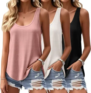 Riyiper 3 Pack Women's Waffle Knit Tank Tops, Scoop Neck Sleeveless Shirts Flowy Loose Beach Tops 2025 Summer Trendy