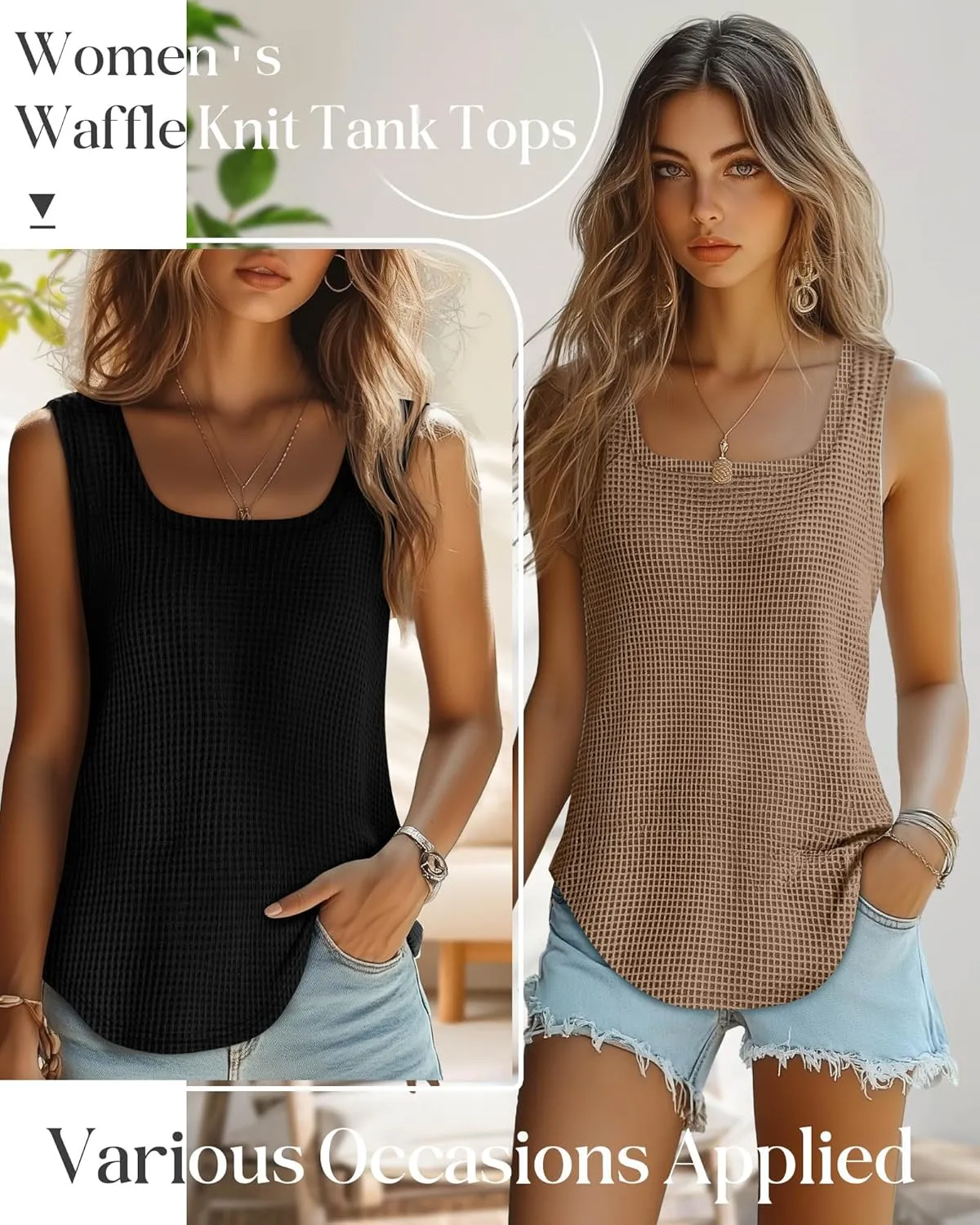 Riyiper 3 Pack Women's Waffle Knit Tank Tops, Scoop Neck Sleeveless Shirts Flowy Loose Beach Tops 2025 Summer Trendy