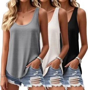 Riyiper 3 Pack Women's Waffle Knit Tank Tops, Scoop Neck Sleeveless Shirts Flowy Loose Beach Tops 2025 Summer Trendy