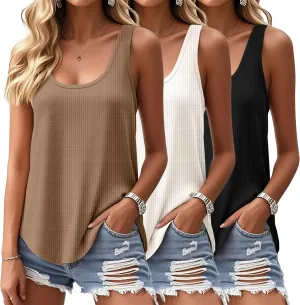 Riyiper 3 Pack Women's Waffle Knit Tank Tops, Scoop Neck Sleeveless Shirts Flowy Loose Beach Tops 2025 Summer Trendy