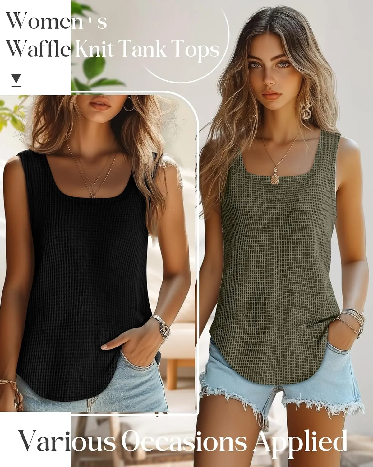 Riyiper 3 Pack Women's Waffle Knit Tank Tops, Scoop Neck Sleeveless Shirts Flowy Loose Beach Tops 2025 Summer Trendy