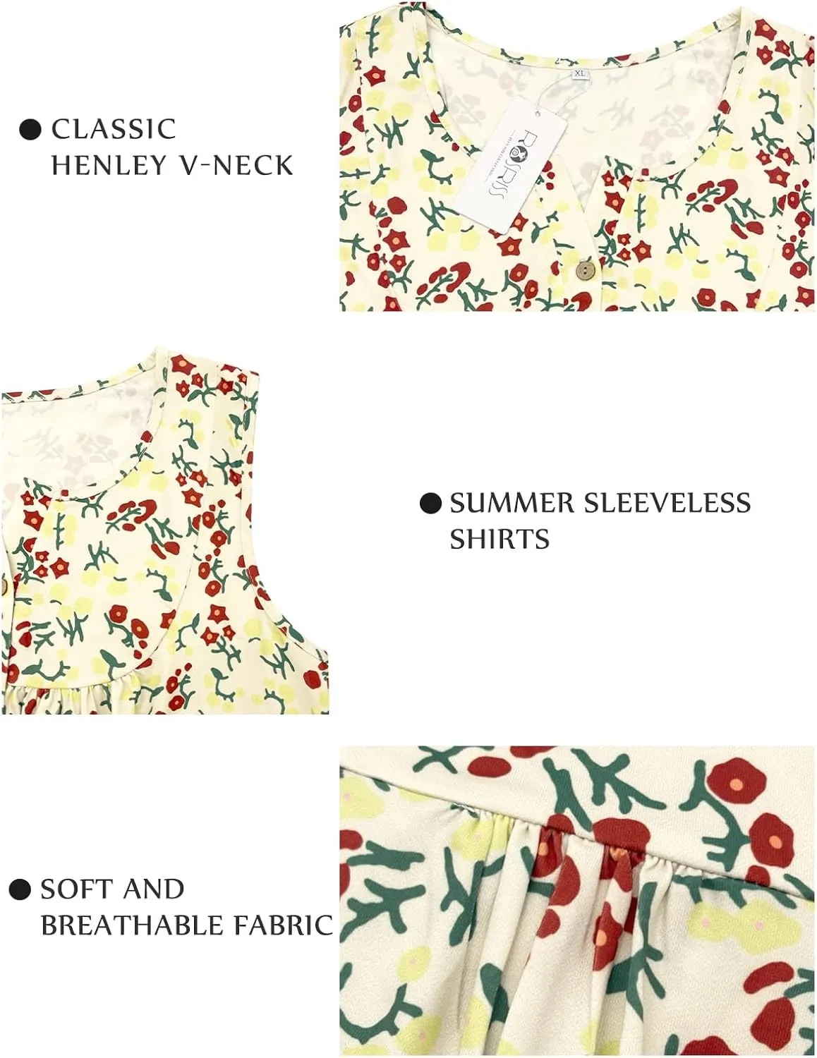 ROSRISS Plus-Size Henley Sleeveless Shirts for Women Summer Casual Tops Buttons Tees 14W-28W