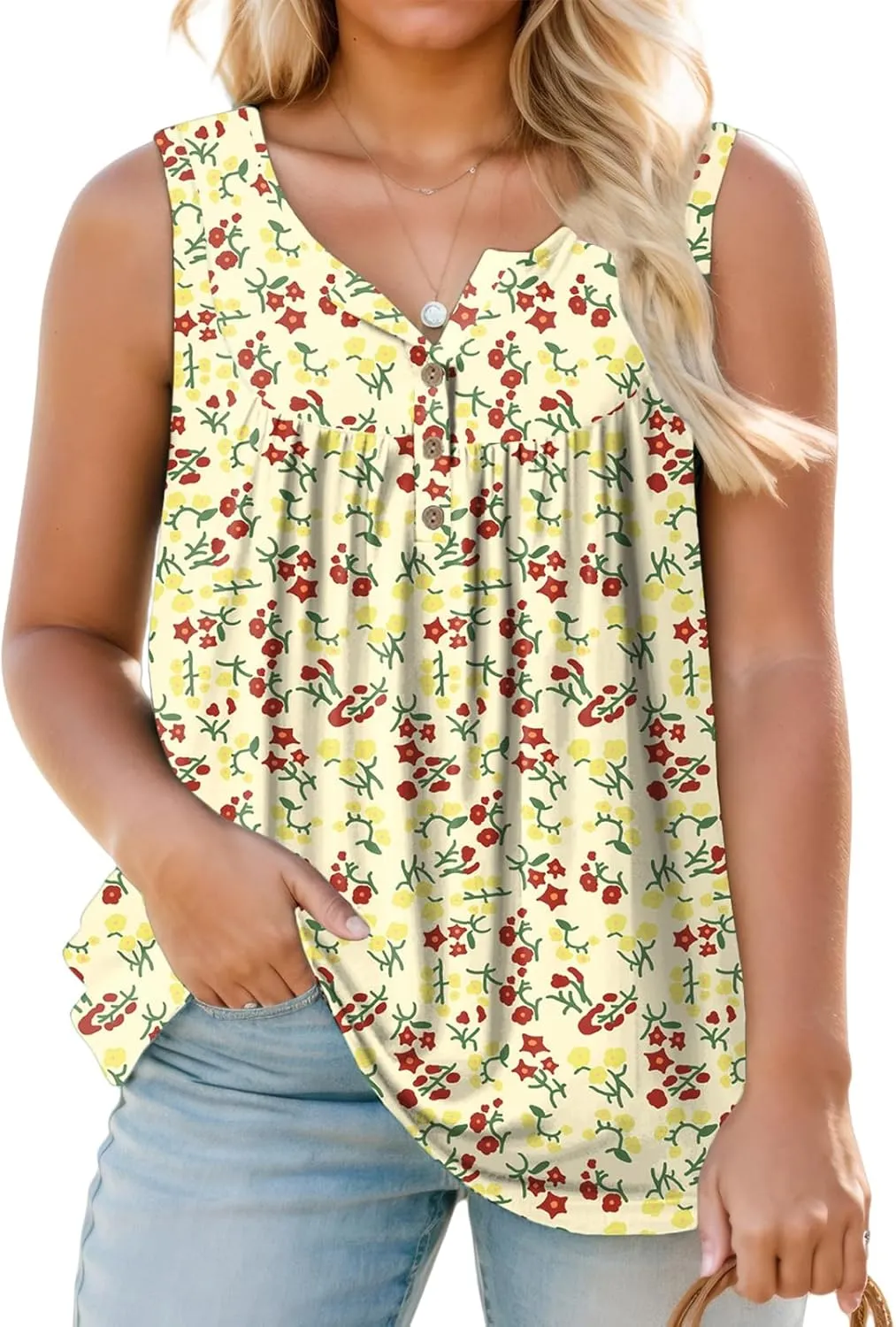 ROSRISS Plus-Size Henley Sleeveless Shirts for Women Summer Casual Tops Buttons Tees 14W-28W