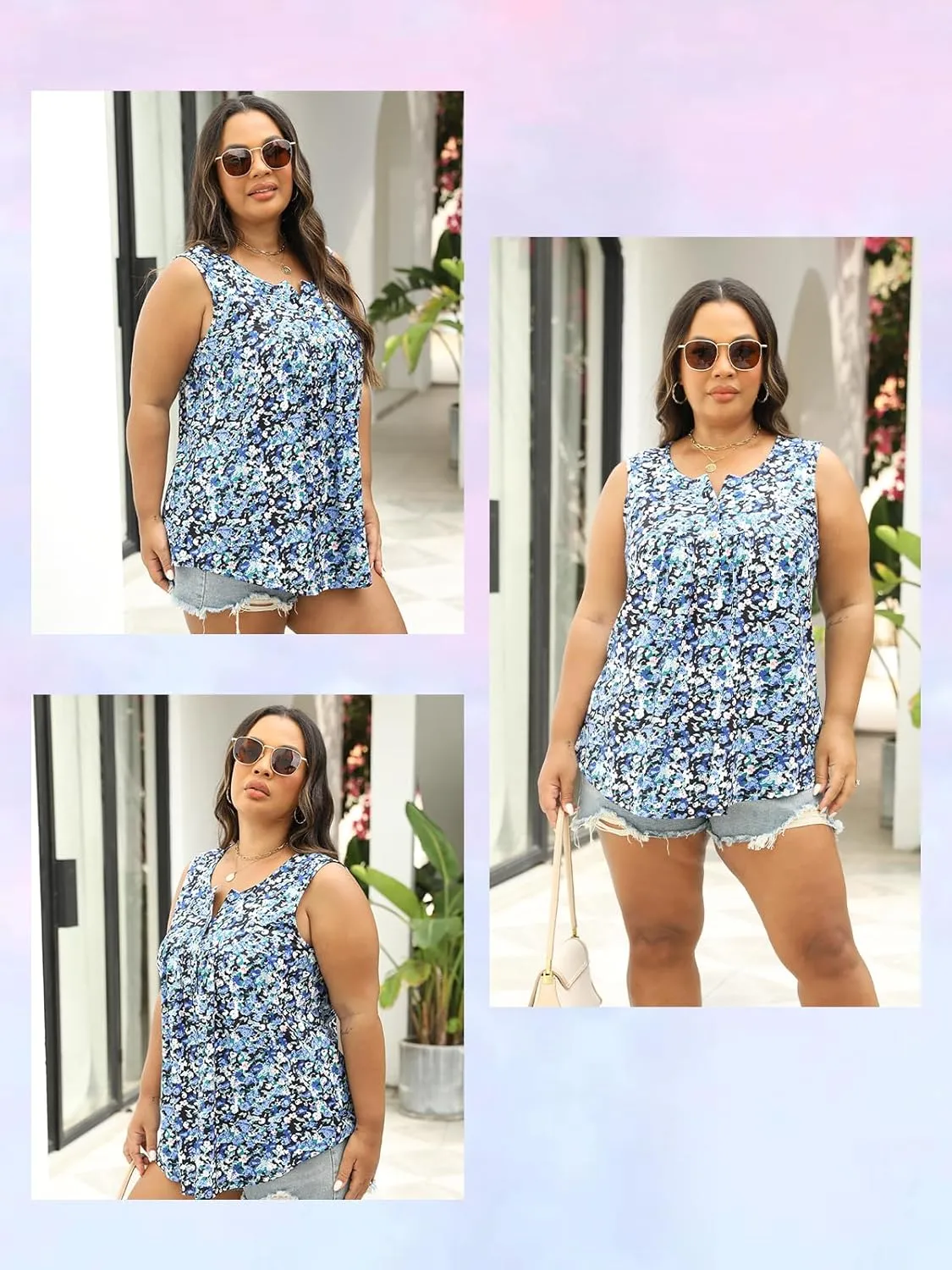 ROSRISS Plus-Size Henley Sleeveless Shirts for Women Summer Casual Tops Buttons Tees 14W-28W