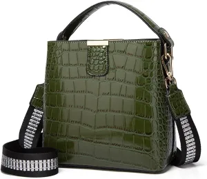 ROUROU Glossy Handbag for Women Crocodile Print Shoulder Bag Synthetic Leather Crossbody Bag Retro Purse Bucket Bag