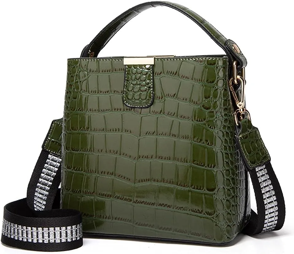 ROUROU Glossy Handbag for Women Crocodile Print Shoulder Bag Synthetic Leather Crossbody Bag Retro Purse Bucket Bag