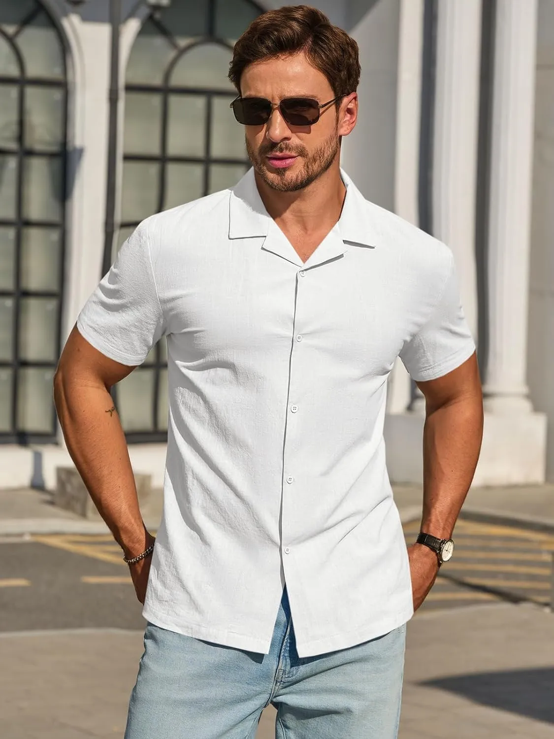 Runcati Mens Button Down Cotton Shirt Short Sleeve Casual Linen Untucked Shirts Summer Beach Vacation Tops