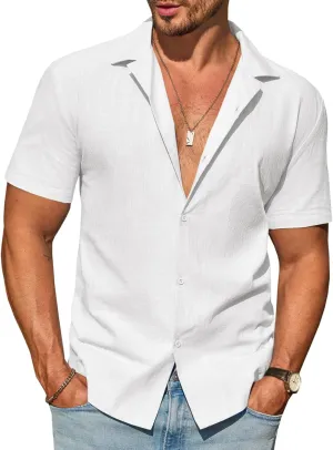 Runcati Mens Button Down Cotton Shirt Short Sleeve Casual Linen Untucked Shirts Summer Beach Vacation Tops