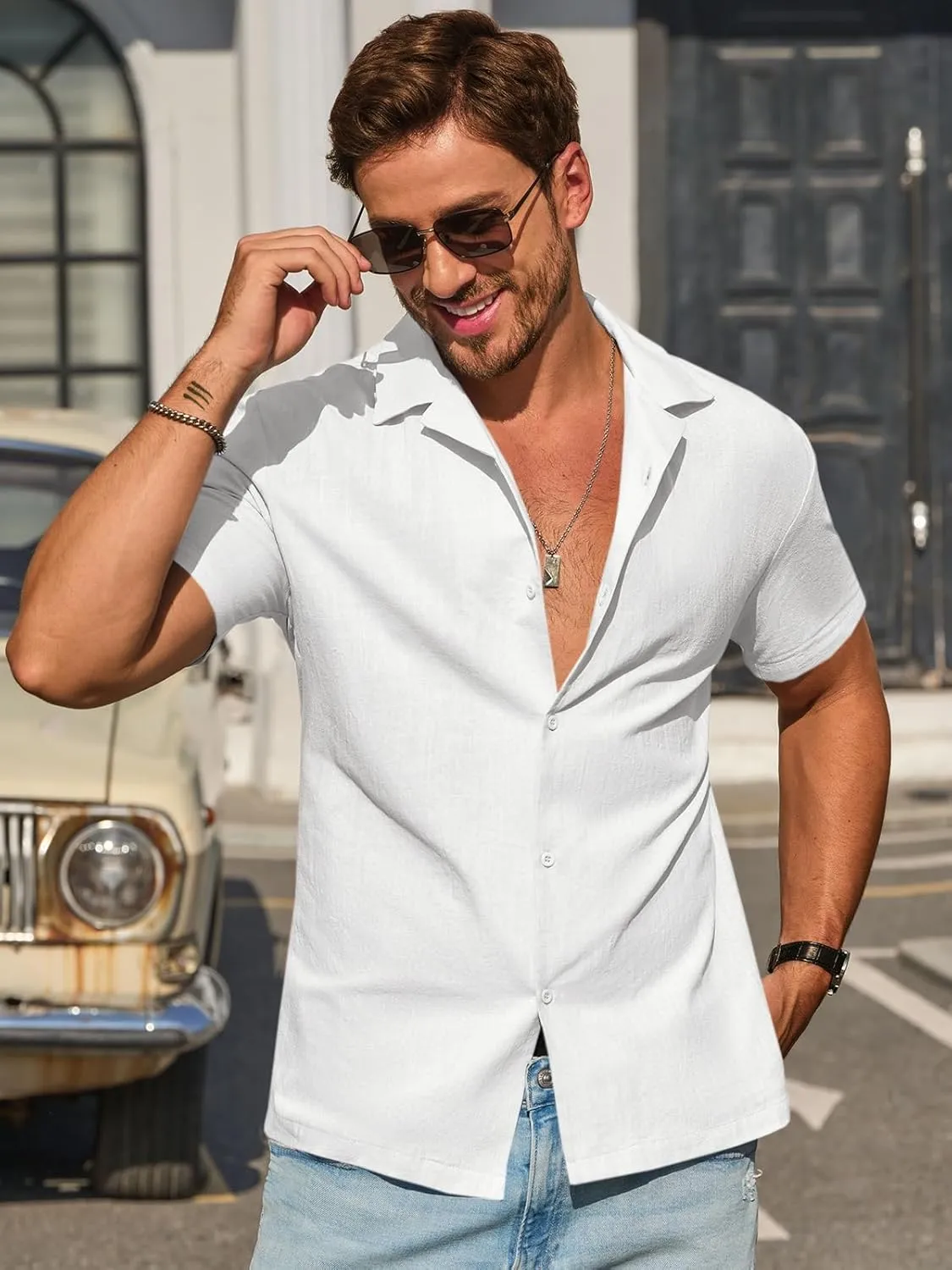 Runcati Mens Button Down Cotton Shirt Short Sleeve Casual Linen Untucked Shirts Summer Beach Vacation Tops