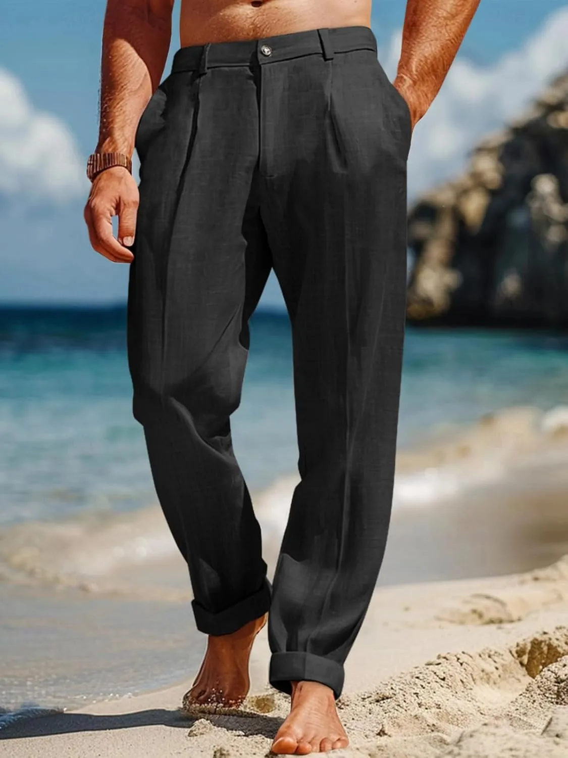 Runcati Mens Casual Linen Pants Elastic Waist Lightweight Loose Fit Pleated Slacks Summer Cotton Beach Yoga Trousers