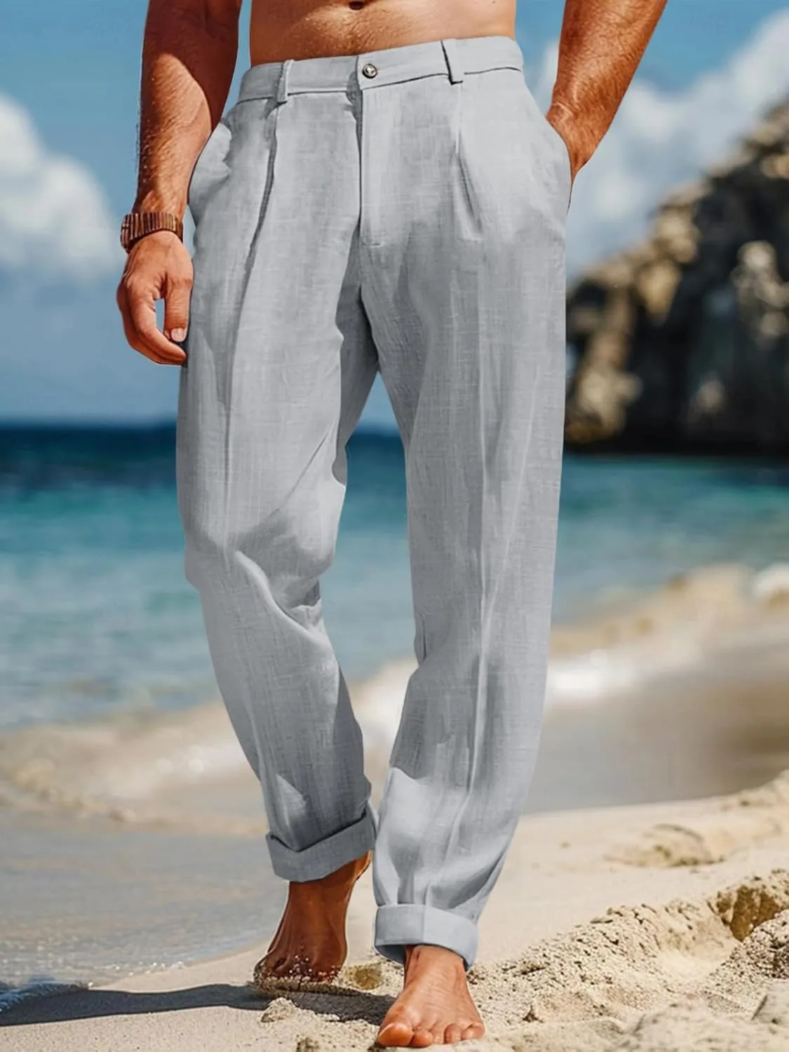 Runcati Mens Casual Linen Pants Elastic Waist Lightweight Loose Fit Pleated Slacks Summer Cotton Beach Yoga Trousers