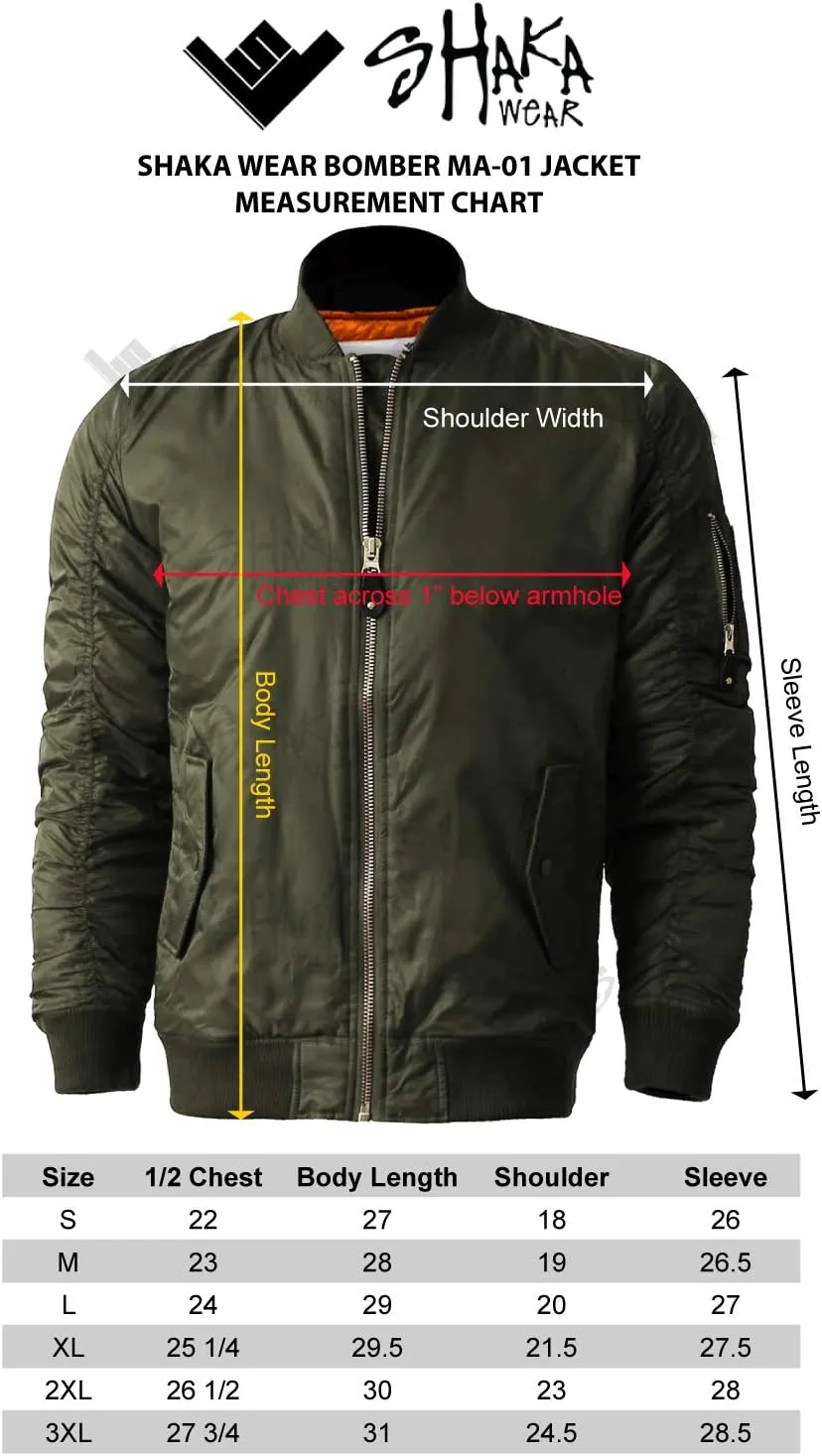 Shaka Wear Men's Flight Jackets  Casual MA-1 Bomber Coat Windbreaker Full Zip Fully Lined Regular and Bigs S~3XL